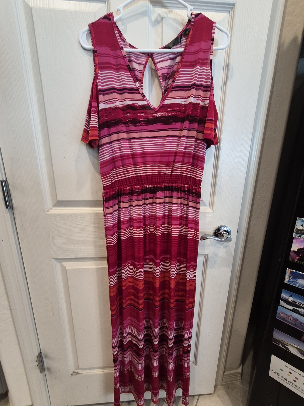 5/25 Mlle Gabrielle Pink Striped Cold-Shoulder Maxi Dress